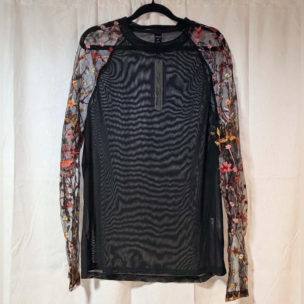 ROMWE Black Mesh Top with Embroidery
